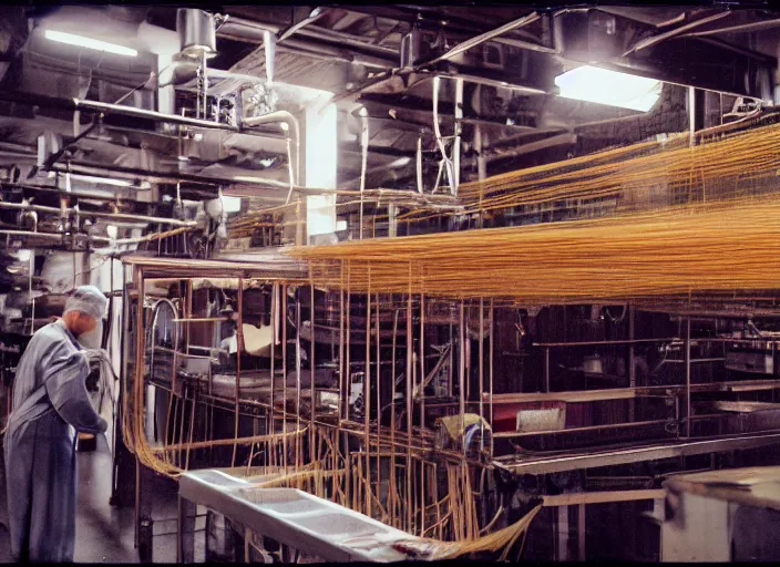 Image similar to a factory where people are processing fresh spaghetti, canon 5 0 mm, cinematic lighting, photography, retro, film, kodachrome, closeup