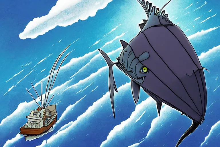 Prompt: cell shaded cartoon of a giant mechanized grey sailfish from howl's moving castle ( 2 0 0 4 ), in an icy river, full body, wide shot, very muted colors, post grunge, studio ghibli, highly detailed, deviantart, art by artgem