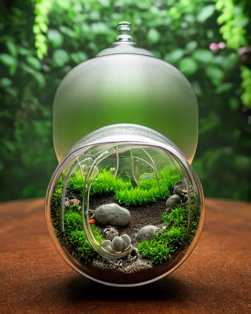 Prompt: product photography of terrarium, starts inside of the terrarium, vines wrap around the terrarium, unreal engine 5, blender, depth of field, ultra realistic, cinematic, macro, artstation, megascan, intricate, epic, Quixel, weta digital, focus, octane render, v-ray, 8k, dslr, macro photography, rule of thirds