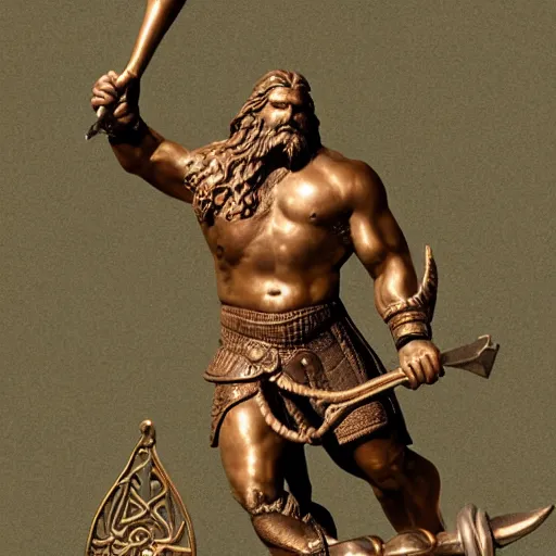 Prompt: “ a grand bronze statue of a burly muscular viking wielding a halberd, holding a hanging ancient scale balance in one outstretched hand, with a small building located on the scale balance, flowing hair and long robes, regal and menacing visage, built in a verdant field surrounded by ancient ruins, twilight sky, enhanced 4 k stylized digital art. ”