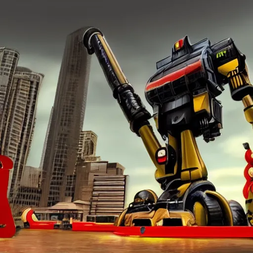 Image similar to a giant vacuum cleaner mech attacks a city