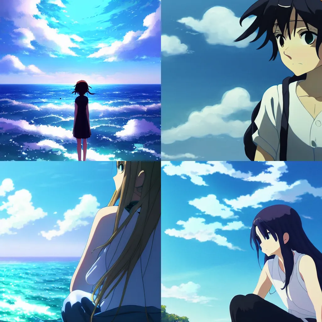 Prompt: sky, sea and maiden ， by makoto shinkai