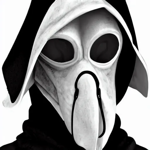 Image similar to female plague doctor donning a black hood, steel armor and a white crow mask, trending on artstation