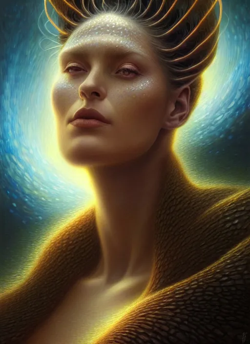 Image similar to closeup portrait shot of a beautiful cosmic woman in a scenic dystopian environment, intricate, elegant, highly detailed, centered, digital painting, artstation, concept art, smooth, sharp focus, illustration, artgerm, tomasz alen kopera, peter mohrbacher, donato giancola, joseph christian leyendecker, wlop, boris vallejo