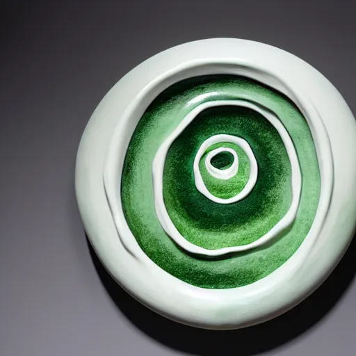 Image similar to a ceramic sculpture of some kind of plant in a glazed serpent frame with a white wall behind it and swirling green plants in the center by cleo sjolander