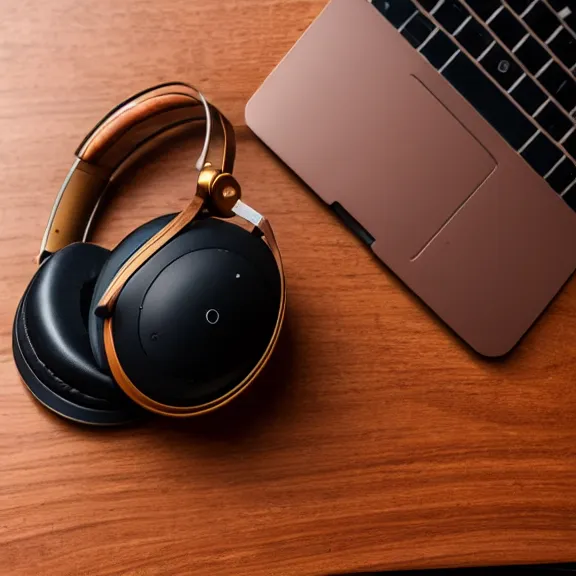 Prompt: meze classics headphones on a mahogany desk next to a sleek macbook, modernist headphones, wood headphones, gold metals, intricate high detail, extreme quality, photographic, meze audio, sennheiser, hifi