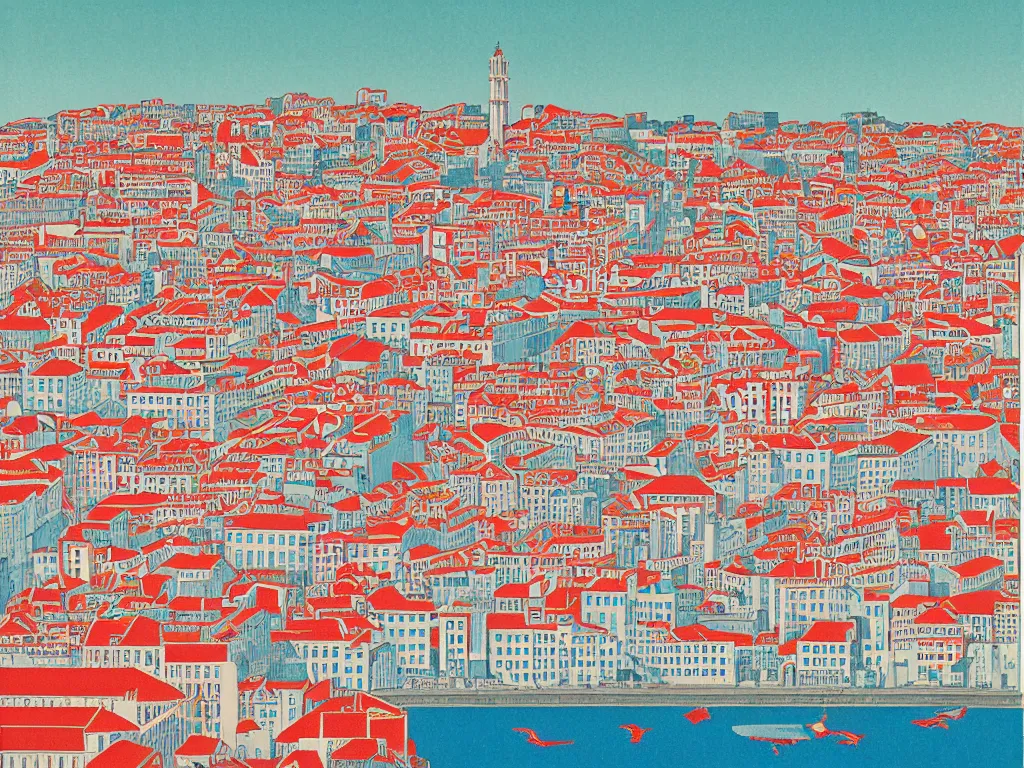 Prompt: Lisbon from a birds eye view, flat design, screen print by Kawase Hasui, jeffrey smith and Yves Klein