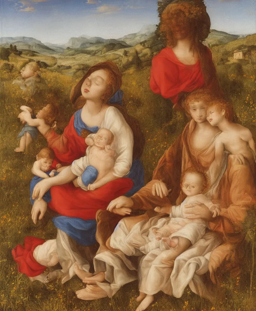 Prompt: Detailed Portrait of Madonna, with infant Jesus and another boy playin in front of her in the style of Raffael. Red hair. They are sitting in a dried out meadow near in Tuscany, red poppy in the field. On the horizon there is a blue lake with a town and blue mountains. Flat perspective.