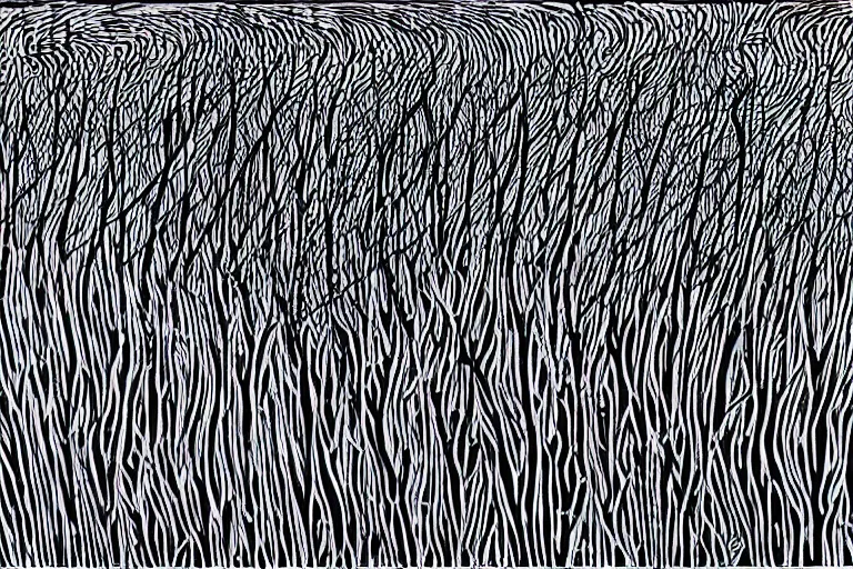 Prompt: reaction diffusion artwork of a winter forest, reaction diffusion linocut, flowing lines