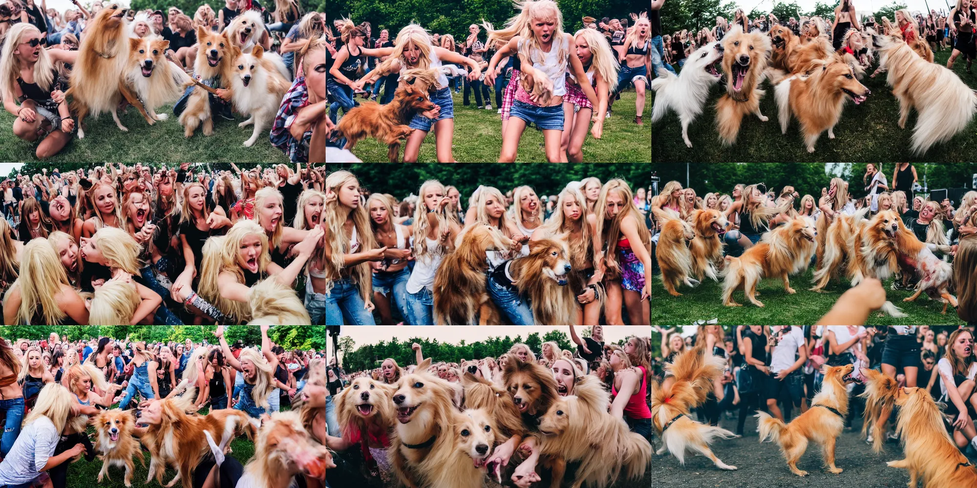 Prompt: a fight between two gangs of blonde girls at a concert, bloody, sheltie dog crying, wide lens, nordic summer