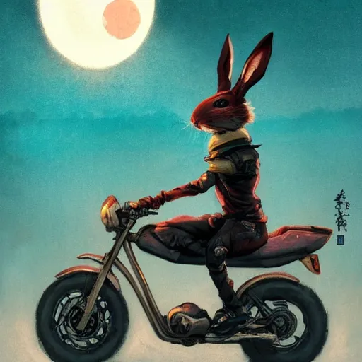 Image similar to bunny wearing a leather jacket riding a motorbike during sakura season on a blood moon, by peter mohrbacher, james jean, wlop, greg rutkowski, rule of thirds, dynamic pose, action pose, beautiful landscape