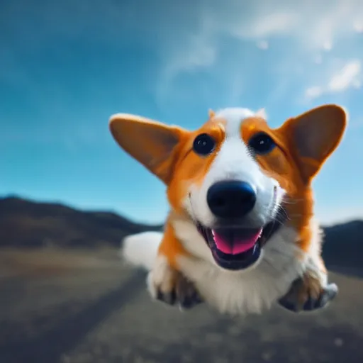 Image similar to corgi attaining [ angelic wings ]!!, [ flying like a superhero ]!! in the [ night sky ]!! where the stars are visibly perceptible, [ realistic photo ]!!, [ 4 k photorealism ]!!, trending on unsplash