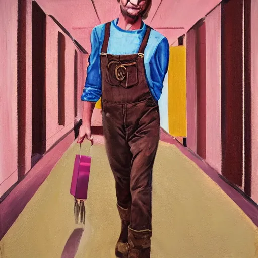 Prompt: jeffrey dahmer in pink overalls and brown boots, oil painting, gucci poster