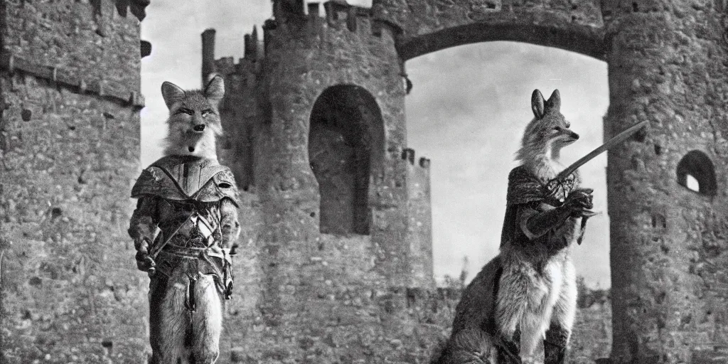 Image similar to anthropomorphic fox who is a medieval knight in front of a castle 1 9 3 0 s film still, ladislas starevich