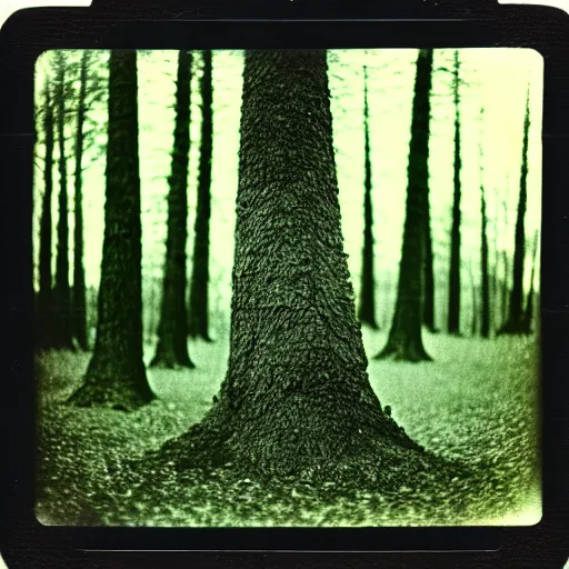 Image similar to 1960s art of tree in magic forest, polaroid, kodak, film grain