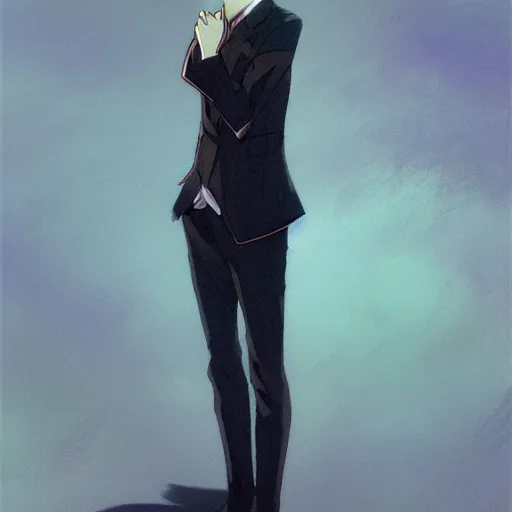 Image similar to full body portrait character concept art, anime key visual of decadent young anime male in black suit, green long hair and brown eyes, finely detailed perfect face studio lighting delicate features directed gaze, gapmoe kuudere grimdark, trending on pixiv fanbox, painted by greg rutkowski makoto shinkai takashi takeuchi studio ghibli