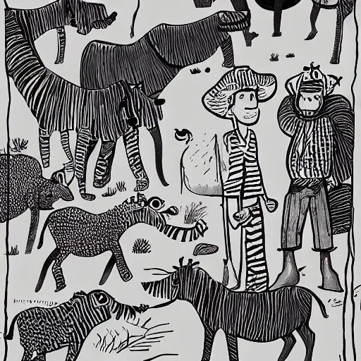 Image similar to quentin blake, mcbess illustration of a safari at sunset