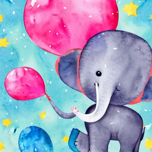 Prompt: watercolor baby elephant with trunk up in air and confetti flying in air, white background, blank background