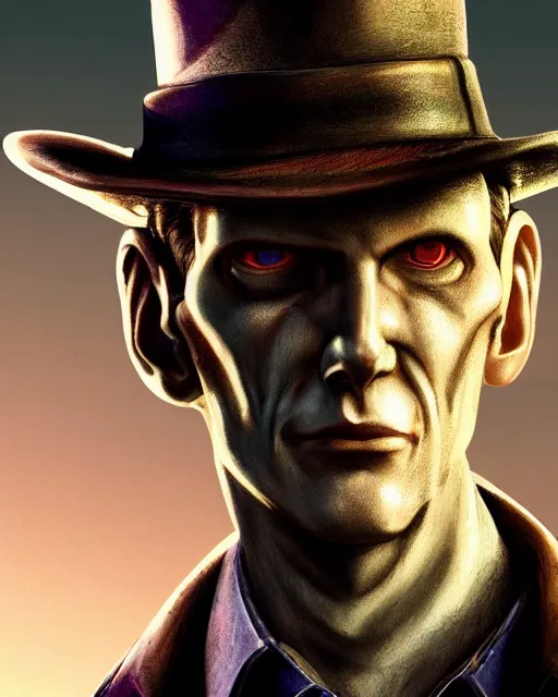 Image similar to photo of Nick Valentine by Bethesda and Prywinko and gantzu, Fallout, cyberpunk, vaporwave, face, realistic, perfect, automaton, extremely detailed, symmetrical face, large eyes, deviantart, Cyberpunk 2077, Blade Runner, hyper realistic, digital art, octane render, trending on artstation, artstationHD, artstationHQ, unreal engine, 4k, 8k