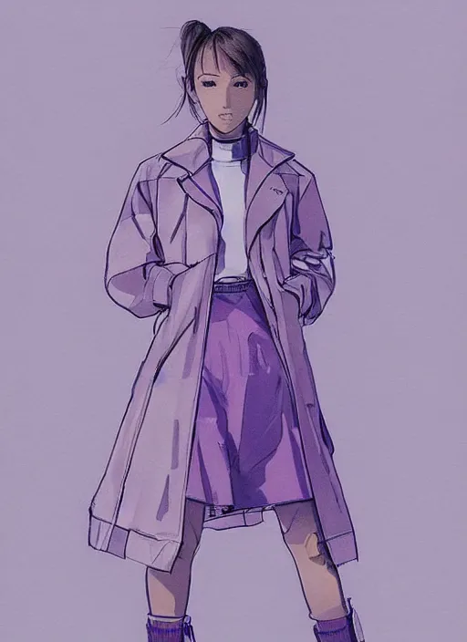 Image similar to a yoji shinkawa full body sketch of tennis player girl wearing a puffy japanese anorak designed by balenciaga, short purple skirt and yeezy 5 0 0 sneakers