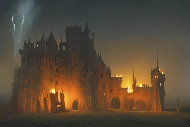 Image similar to a castle at night being lit up by the fire of a dragon, Les Edwards, Zdzislaw Beksinski, Carl Gustav Carus, John Harris, Michal Karcz, Zhang Kechun, Mikko Lagerstedt, Scott Listfield, Steven Outram, Jessica Rossier