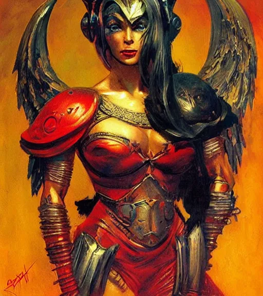 Image similar to portrait of strong iranian female chaos angel, beautiful! coherent! by frank frazetta, by brom, strong line, vivid neon color, shining metal power armor, iron helm, high contrast, maximalist