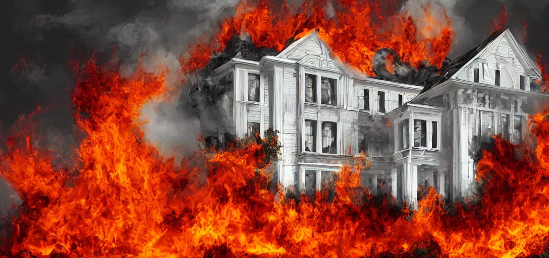Image similar to white mansion engulfed in flames, digital art.