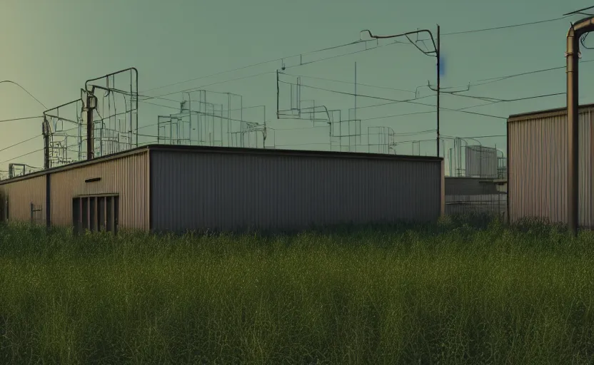 Image similar to geometric 3 d render of industrial buildings surrounded by undergrowth, octane render, redshift render, metallic