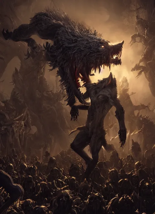 Image similar to werewolf fighting an endless army of skeletons, ultra detailed fantasy, elden ring, realistic, dnd, rpg, game design concept art, behance hd, artstation, deviantart, global illumination radiating a glowing aura global illumination ray tracing hdr render in unreal engine 5