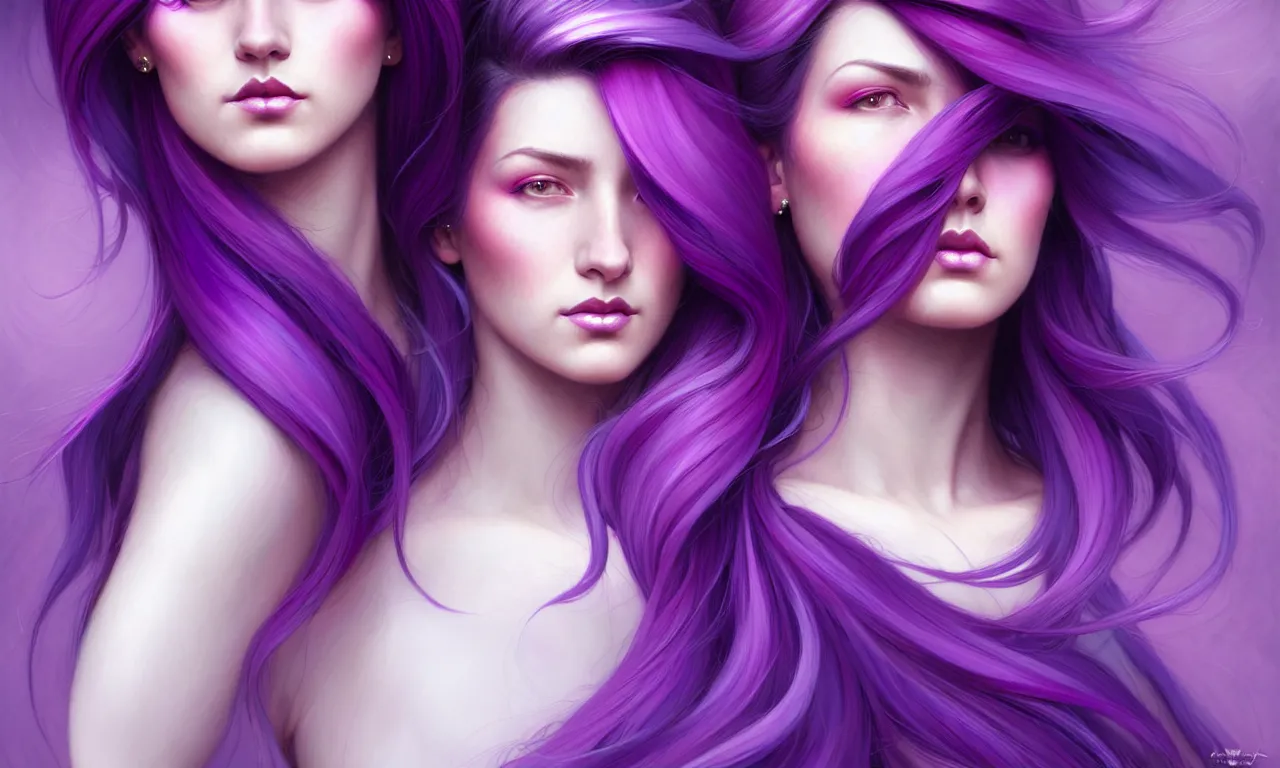 Image similar to Purple hair relistic Portrait of a two woman with bright colored flying hair, all shades of purple. Beauty face, Hair coloring, fantasy, intricate, elegant, highly detailed, digital painting, artstation, concept art, smooth, sharp focus, illustration, art by artgerm and greg rutkowski and alphonse mucha