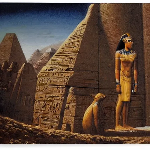 Prompt: ancient egyptian papyrus by guido borelli da caluso robust. a beautiful experimental art of a small figure standing in the center of a dark, foreboding landscape. the figure is surrounded by strange, monstrous creatures, & there is a feeling of unease & dread.