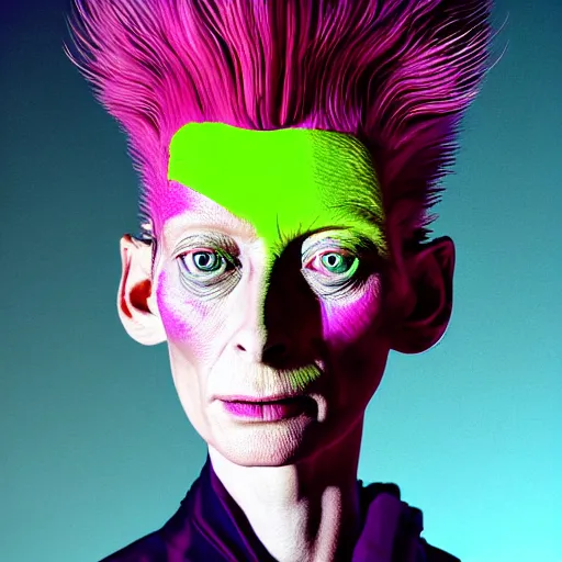 Prompt: a realistic octane render physically based rendering punk neon tilda swinton, trending on artstation, by archan nair and marlene dumas, intricate details, flowers, in the style of frank auerbach, in the style of martin ansin, in the style of david aja, by kandinsky