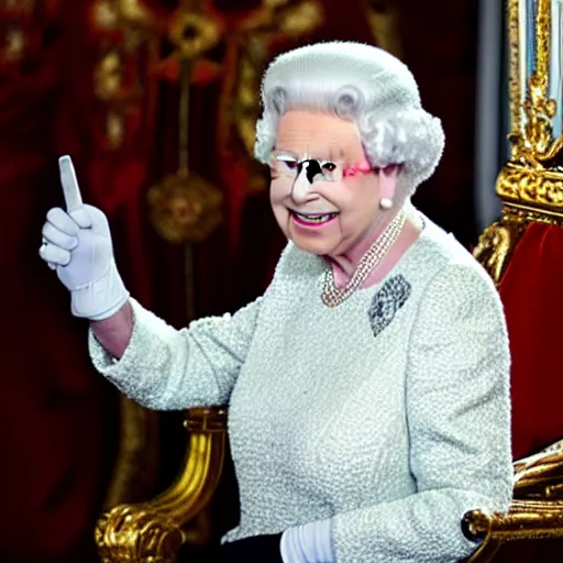 Prompt: the queen of england grinning and flipping the bird, in a magazine cover photo.