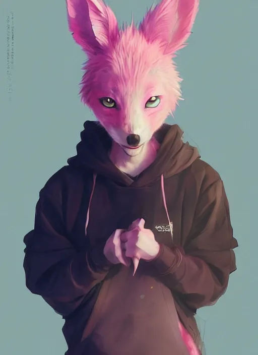 Image similar to a beautiful half body portrait of a cute anime male with pink hair and pink wolf ears. smiling.. big eyes. black collar. hoodie. character design by cory loftis, fenghua zhong, ryohei hase, ismail inceoglu and ruan jia. volumetric light, detailed, rendered in octane