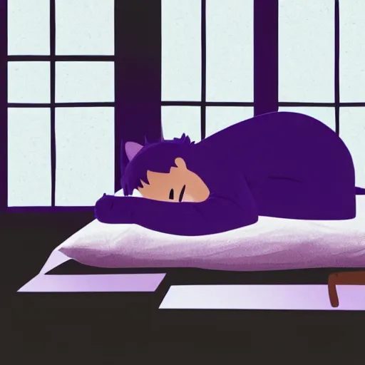 Image similar to man sleeping, a boy with purple hair and cat ears standing in window, dark lighting