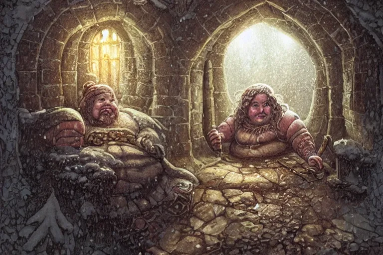 Prompt: A nice chubby dwarven woman at her home looking through the window at a snowstorm outside, highly detailed face, complex blonde braided hair, realistic, beautiful, fantasy art, dungeons and dragons, lord of the rings, in the style of rebecca guay and greg hildebrandt, illustration, very cozy, fantasy, intricate, hyper detailed, artstation, concept art, smooth, sharp focus, ray tracing, vibrant