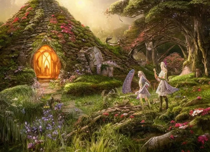 Image similar to winged female elves in the shire scenery landscape, lord of the rings, mushroom house, flowers, highly detailed, perfect lighting, perfect composition, 8 k, artgerm, derek zabrocki, greg rutkowski