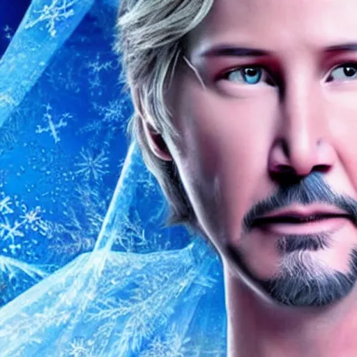 Image similar to keanu Reeves as elsa in live action disney frozen, 56k resolution, full HD, cinematic lighting, award winning, anatomically incorrect