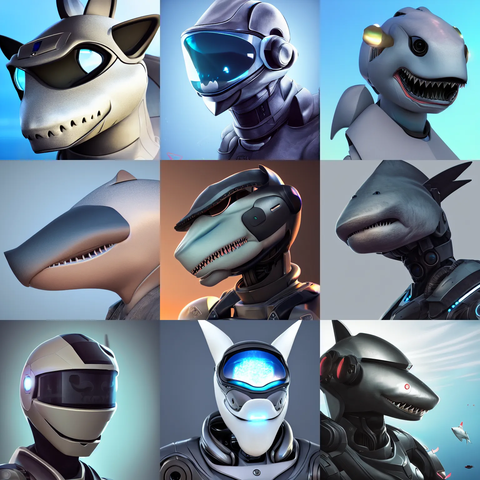 Prompt: very very beautiful furry art, bust profile picture of a male robotic anthro shark, large dark visor covering face, snout under visor, commission on furaffinity, cgsociety, octane render, disney