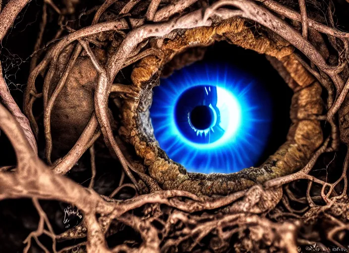 Prompt: photo of an eyeball in a cavern wrapped in roots underground. Fantasy magic style. Highly detailed 8k. Intricate. Nikon d850 55mm. Award winning photography.