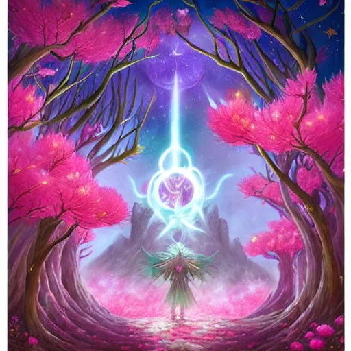 Prompt: magic the gathering lorwyn elemental, pink, flower blossoms, stars, night sky, hyper detailed, kawaii, by jacek yerka, lewandowski, hopper and gilleard, ryden, wolfgang lettl, hints of yayoi kasuma