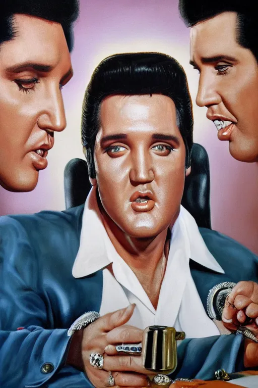 Image similar to film still of elvis presley on seinfeld, seinfeld, oil on canvas, intricate, portrait, 8 k highly professionally detailed, hdr, cgsociety