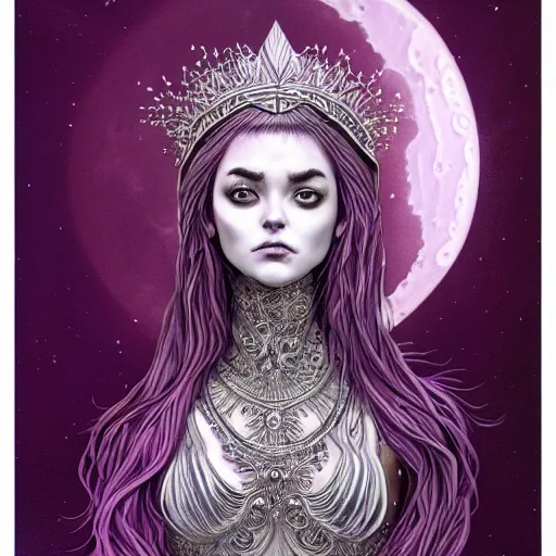 Prompt: portrait of broad shouldered mighty prophetess of the moon, silver filigree armor and tiara, moon above head, purple wavy hair, translucent skin, wide striking eyes, beautiful! coherent! by brom, by junji ito, strong line, high contrast, muted color