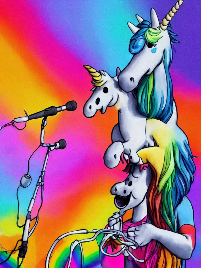 Prompt: a realistic rainbow beat boxing unicorn on stage holding a microphone by Pixar