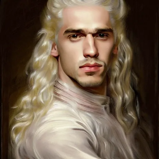 Prompt: beautiful portrait painting of Viserys Targaryen with long curly blond hair, delicate young man wearing a wispy pink silk dress smiling sleepily at the viewer, symmetrically parted curtain bangs, in love by Peter Paul Rubens and Seb Mckinnon