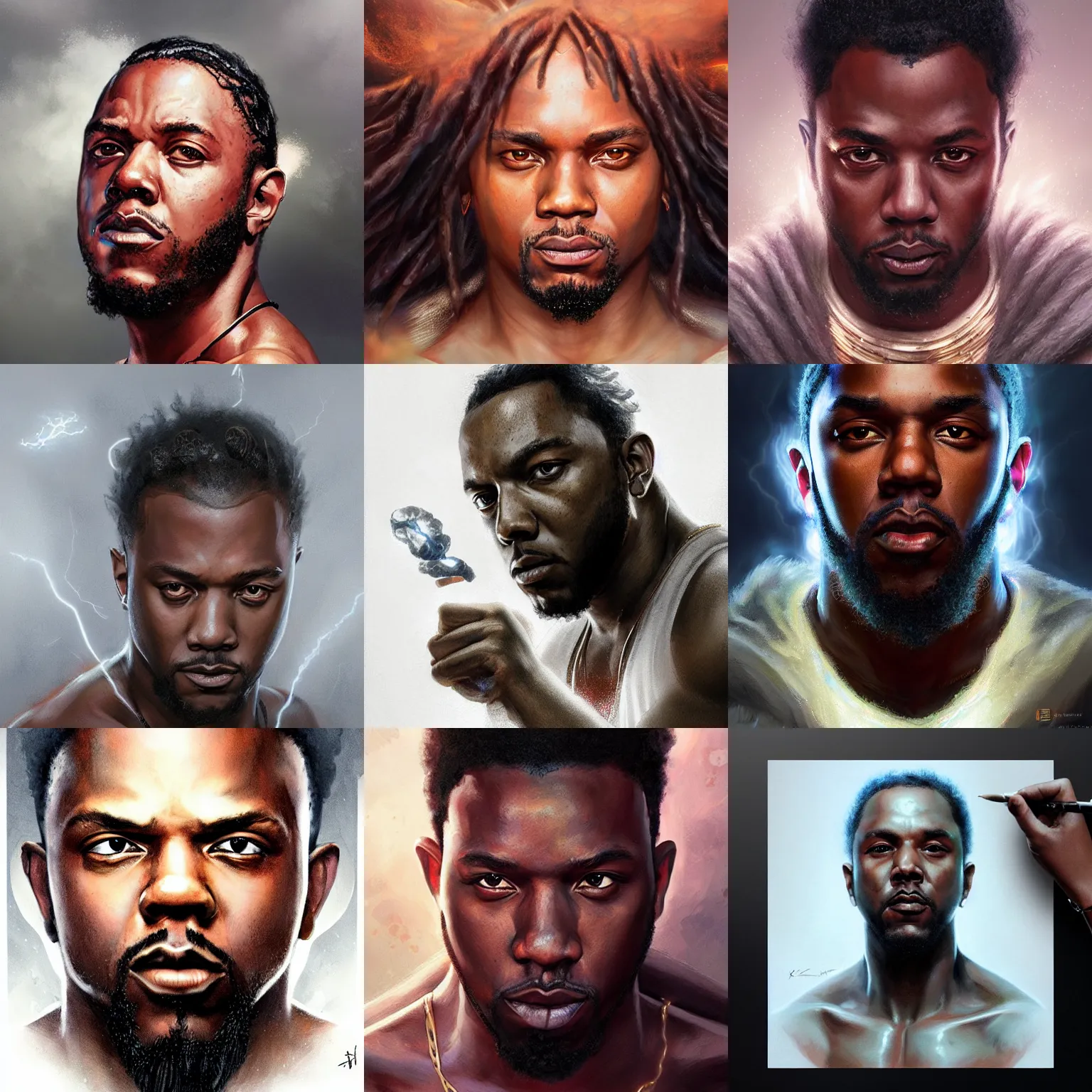 Prompt: zeus, Kendrick Lamar, lightning, D&D, fantasy, portrait, highly detailed, digital painting, trending on artstation, concept art, sharp focus, illustration, art by artgerm and greg rutkowski and magali villeneuve