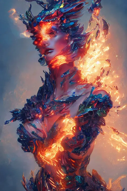 Image similar to torso closeup model wearing exploding fire crystal dress, sorcerer, diamonds, angel, fantasy, dramatic lighting, highly detailed, digital painting, holding electricity, magic the gathering, hyper detailed, 3 d render, hyper realistic detailed portrait, peter mohrbacher, wlop, ruan jia