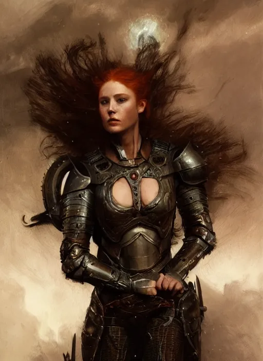 Image similar to beautifull young redheaded muscular woman wearing black medieval armour, by gaston bussiere, bayard wu, greg rutkowski, giger, maxim verehin, greg rutkowski, masterpiece, sharp focus, cinematic lightning