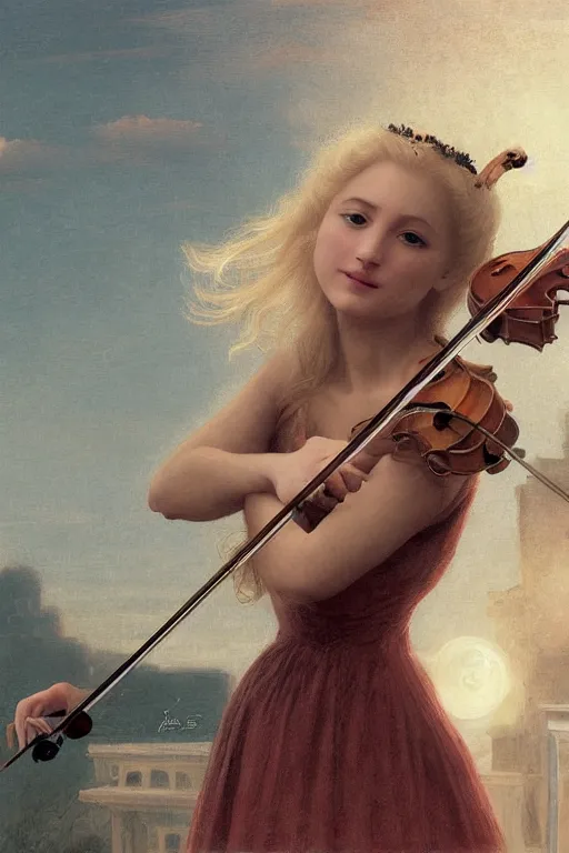 Image similar to beautiful blonde girl, expressively playing the violin, in a venetian outfit, illustration, manga, on the roof of a burning building, highly detailed, artstation, illustration, jurgens, rutkowski, bouguereau, canon eos r 3