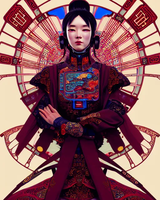 Prompt: portrait of a chinese cyberpunk machine, machine face, robed, upper half portrait, decorated with chinese opera motifs regal royal fierce machine robot cyberpunk fine china, wuxia, traditional chinese art intricate intense elegant highly detailed digital painting artstation concept art smooth sharp focus illustration, art by artgerm and greg rutkowski alphonse mucha 8 k